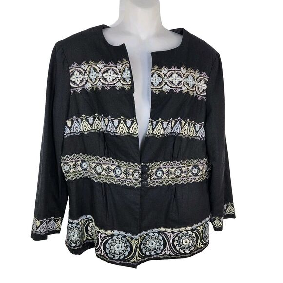 CR Sportswear Women Jacket Size 16 Black Linen Blend Embroidered Lined Shoulder - Picture 1 of 10